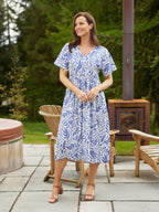 Fern Relaxed Dress - Blue & White Leaf Print