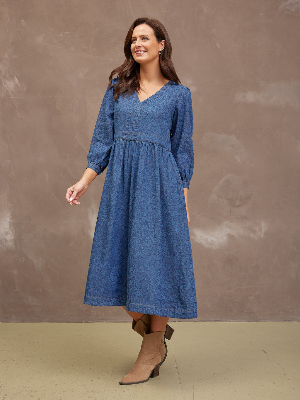 Jessica V-Neck Denim Dress - Printed Paisley