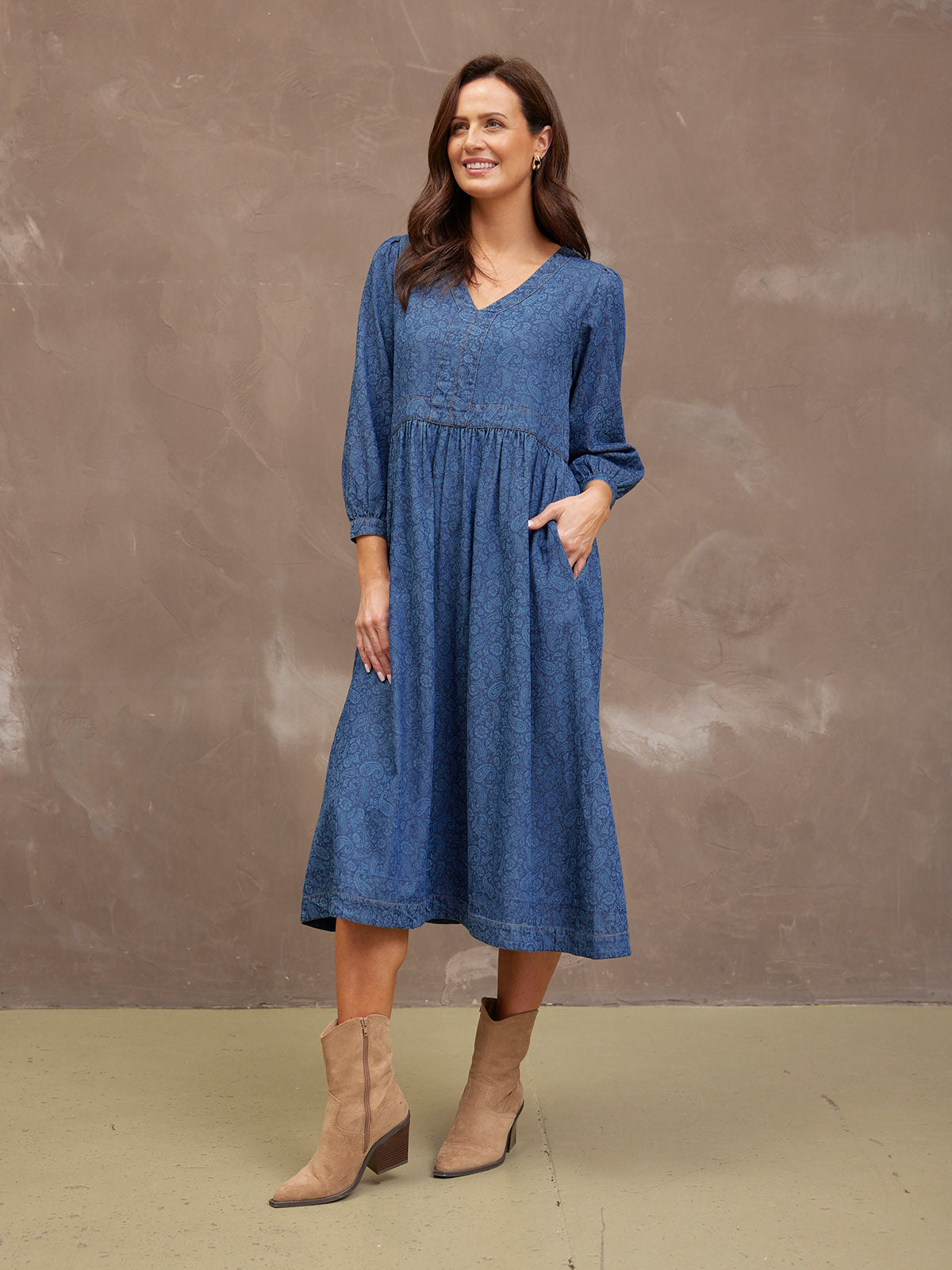 Jessica V-Neck Denim Dress - Printed Paisley