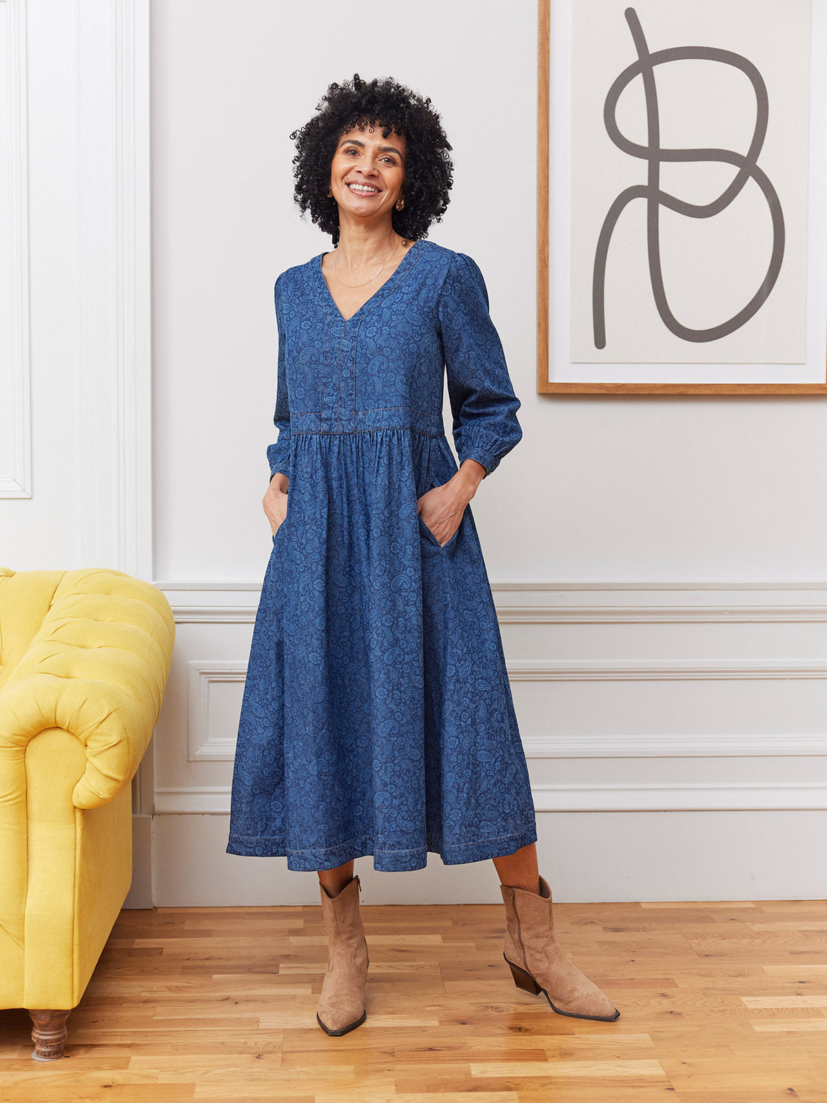 Jessica V-Neck Denim Dress - Printed Paisley