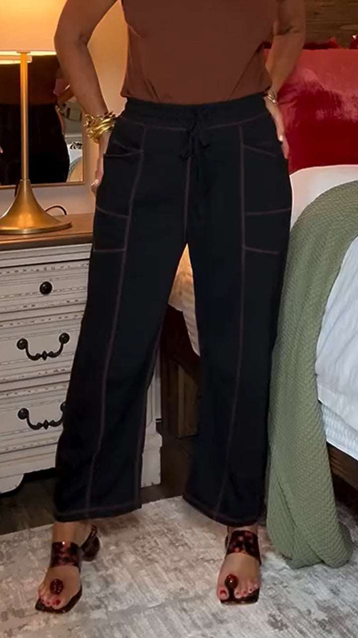 Ladies Spliced Vertical Drawstring Casual Pants