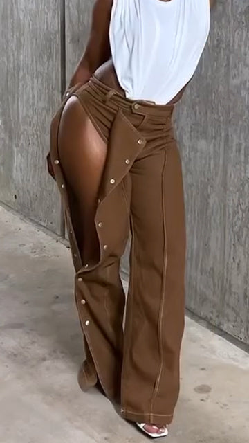 Ladies Spliced Buckle Sexy Temperament Casual Pants