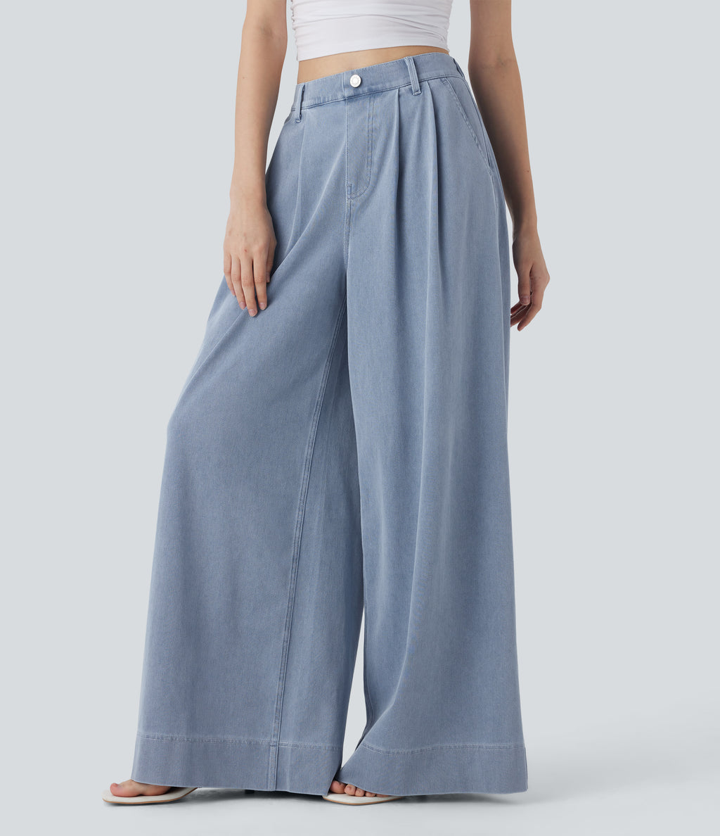 FlexTM High Waisted Wide leg Cool Touch Quick Dry Denim Casual Jeans with Pockets