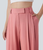 Mid Rise Wide Leg Casual Linen-Feel Pants with Pockets