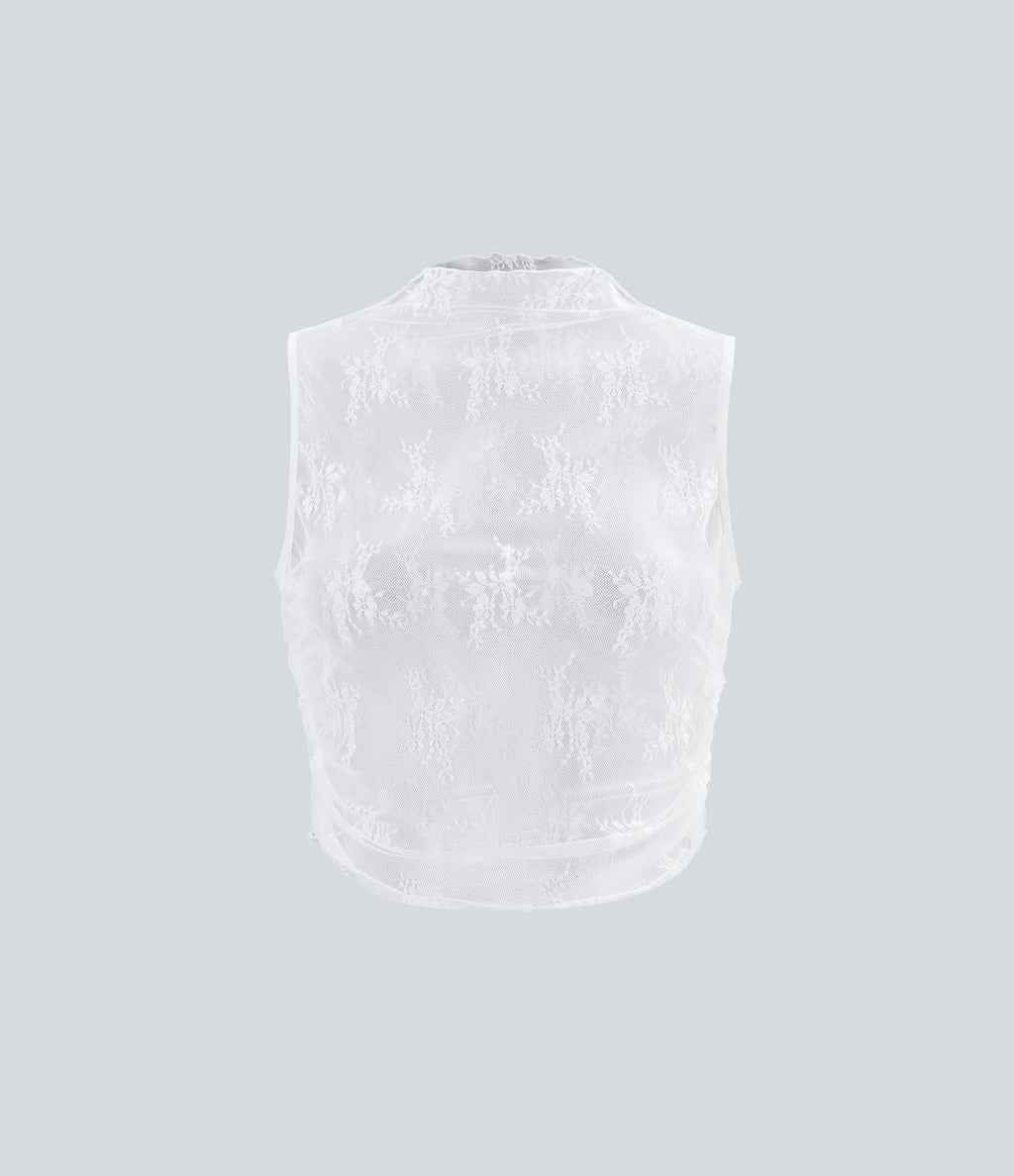 Mock Neck Sleeveless Ruched Cropped Sheer Lace Casual Top
