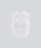 Mock Neck Sleeveless Ruched Cropped Sheer Lace Casual Top