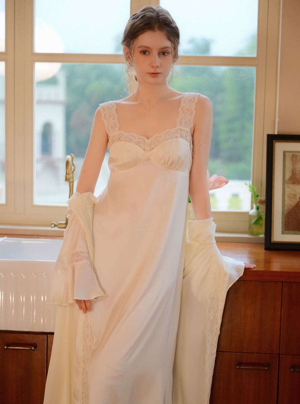 Lace Satin Built In Bra Nightgown 2pcs Set