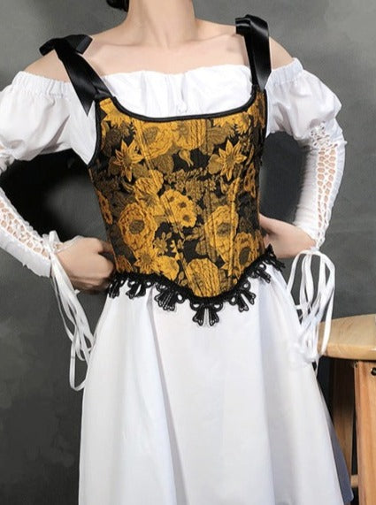 Retro Painting Jacquard Boned Lace Up Corset