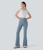 Ribbed Knit Crossover High Waisted Casual Flare Pants with Pocket
