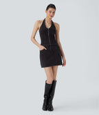 FlexTM Halter Zipper Washed Denim Casual Tank Top