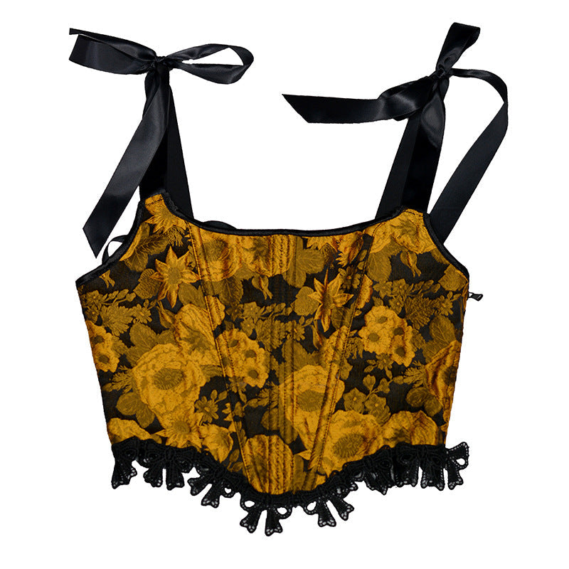 Retro Painting Jacquard Boned Lace Up Corset