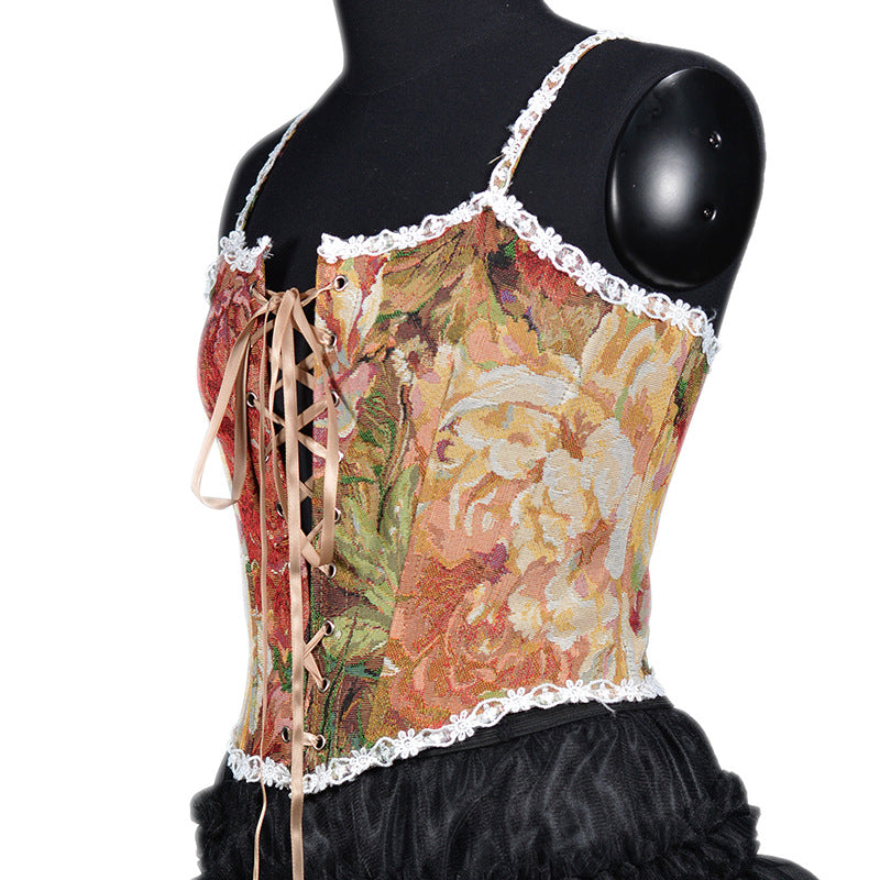 Retro Style Jacquard Boned Lace Up Vest