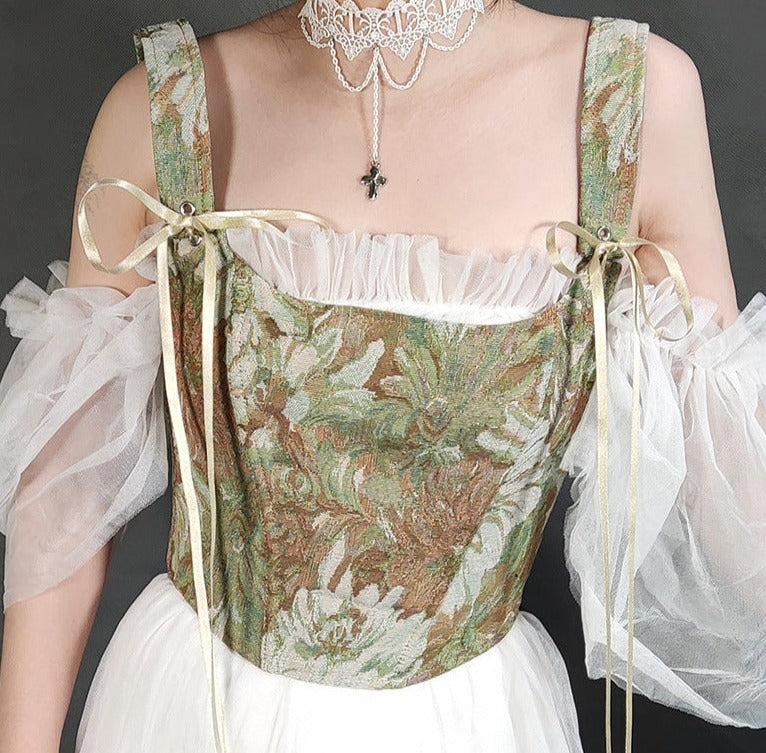 Retro Lace Up Jacquard Corset Bustier