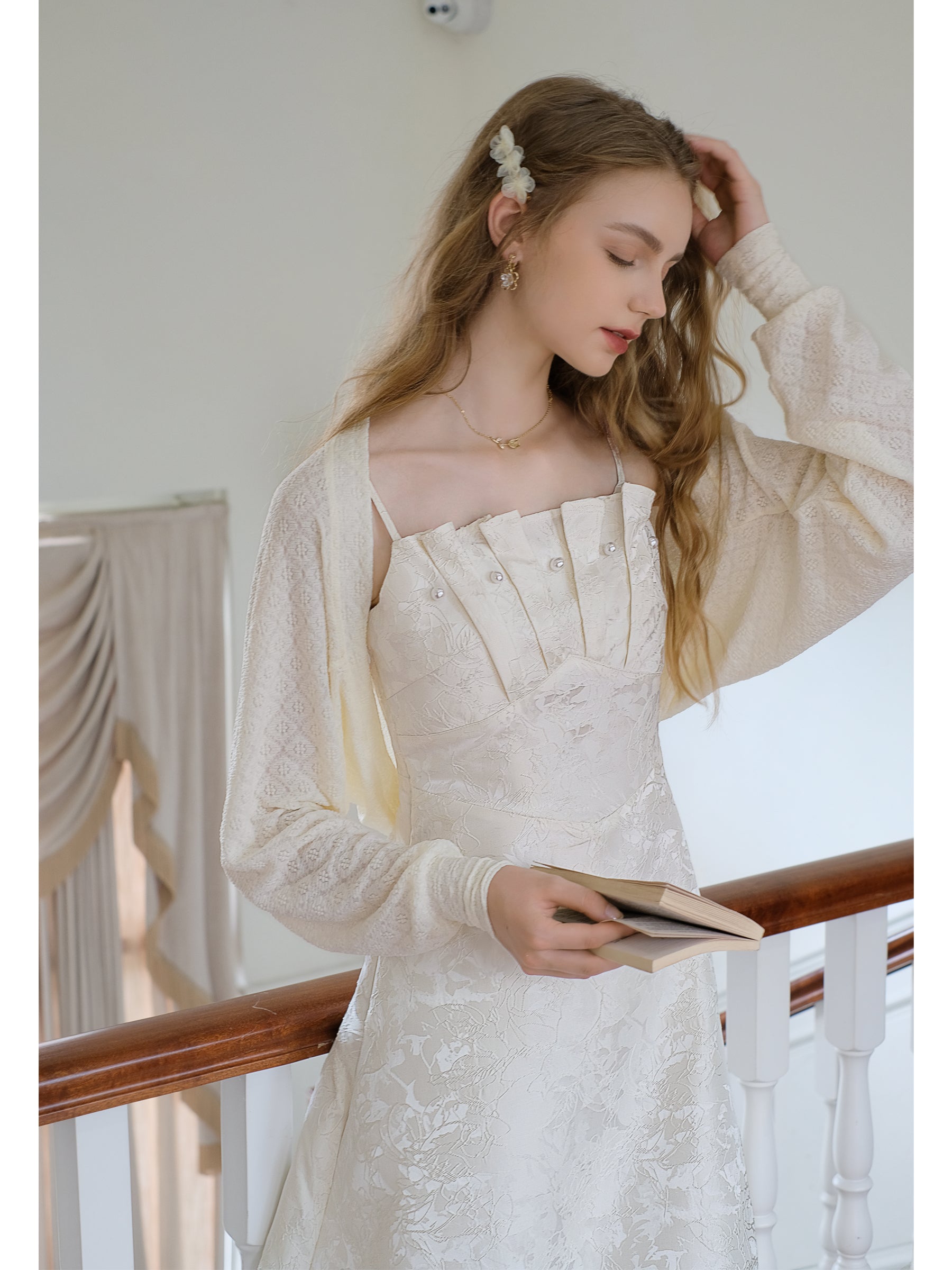 Elegant Pearl Shell Jacquard Dress + Fairy Cardigan