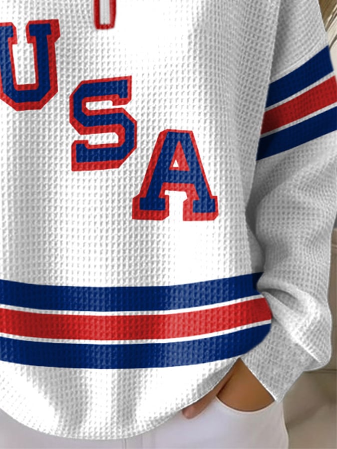 Retro USA Ice Hockey Zipper Print Sweatshirt