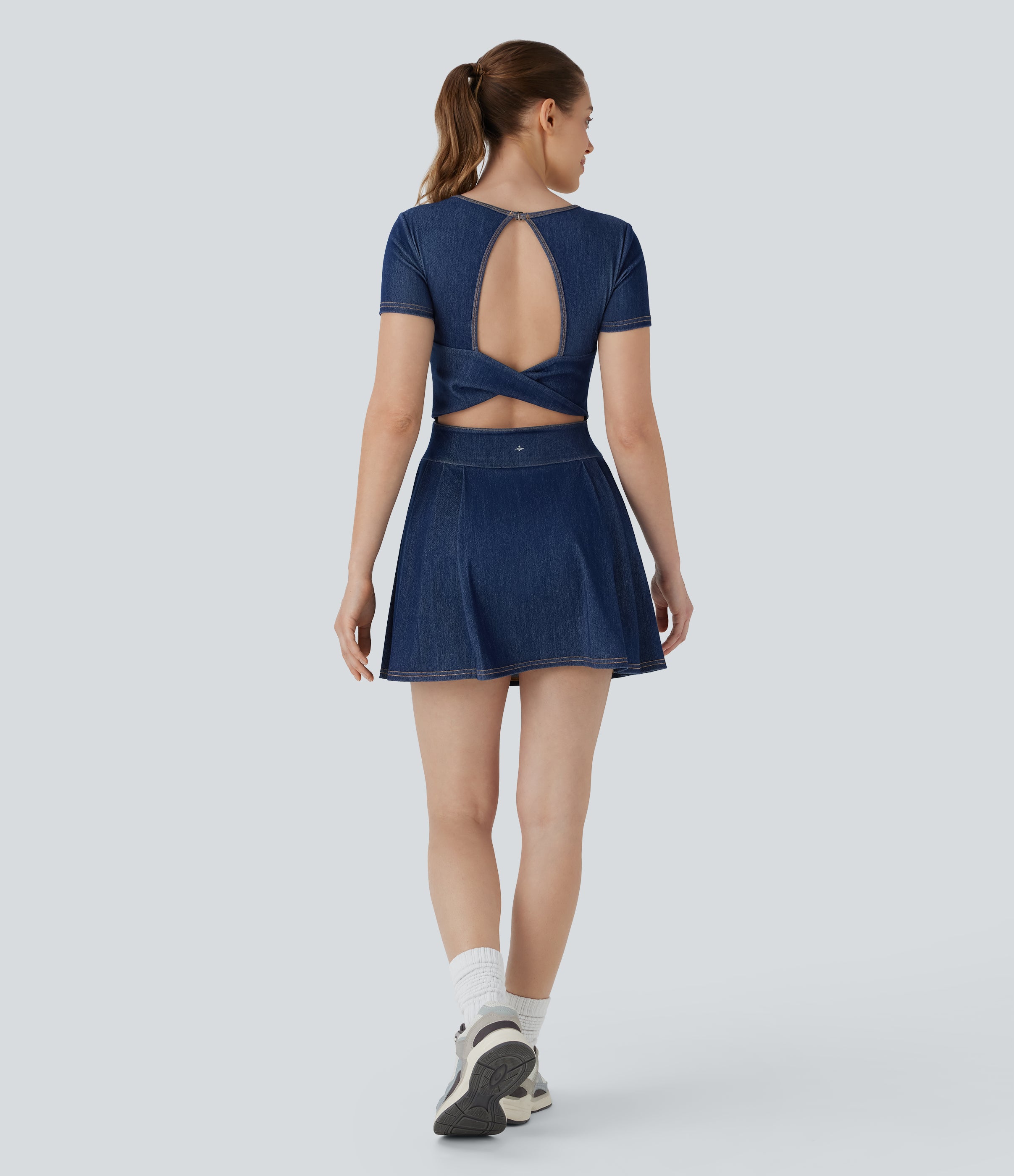 FlexTM Pleated Hem 2-in-1 Cool Touch Washed Denim Tennis Active Dress with Pockets