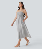 Shirred Stripe Midi Slip Dress with Pockets