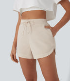 High Waisted Drawstring Contrast Mesh Curved Hem Yoga Shorts with Pockets