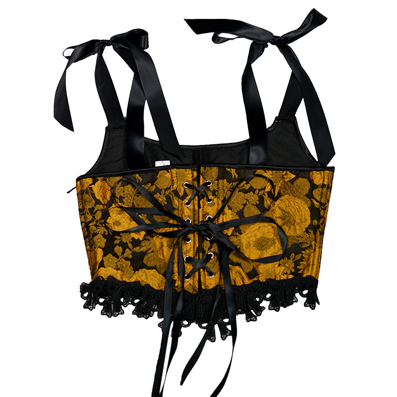 Retro Painting Jacquard Boned Lace Up Corset