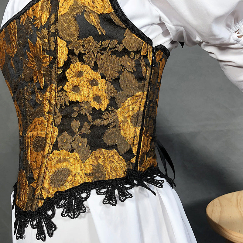 Retro Painting Jacquard Boned Lace Up Corset