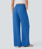 Women Summer High Waisted Drawstring Pocket Wide Leg Casual Linen-Feel Pants