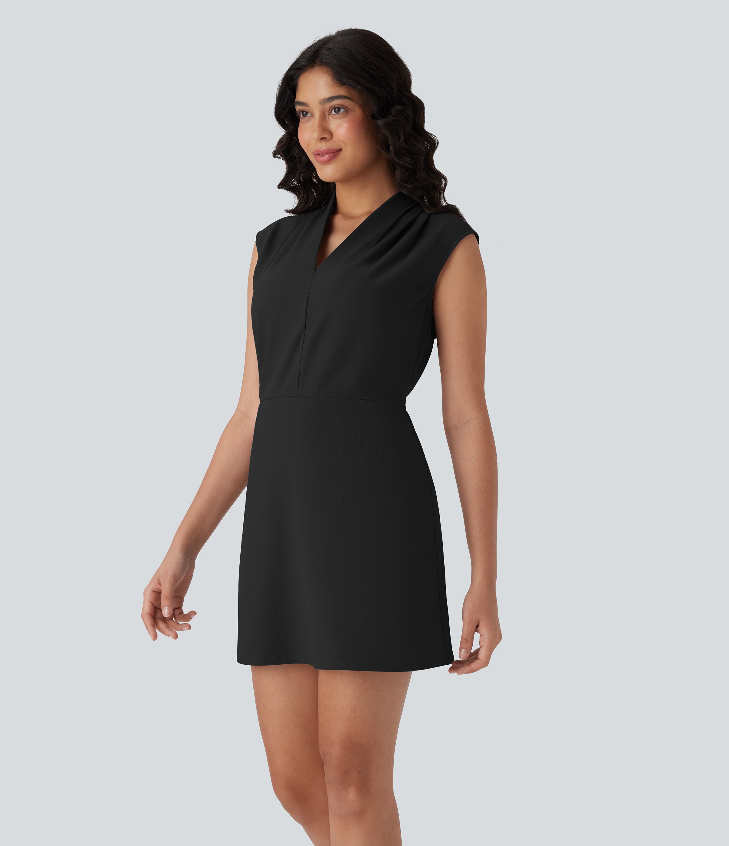 FlexTM V Neck Pleated Sleeveless Mini Micro Waffle Work Dress with Pockets