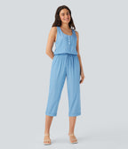 Drawstring Tapered Denim Like Casual Jumpsuit with Pockets