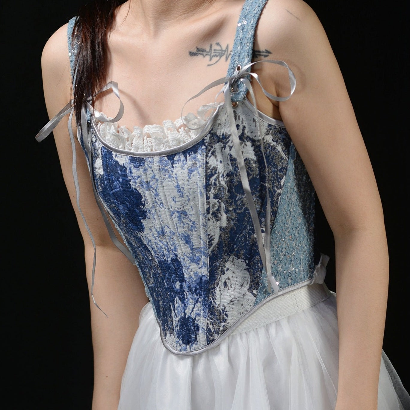 Lace Trim Jacquard Lace Up Bustier