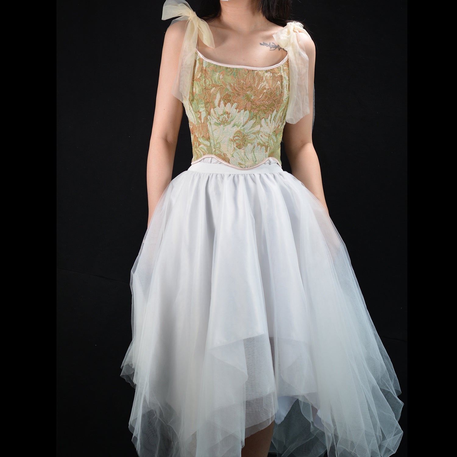 Tulle Strap Jacquard Boned Lace Up Vest