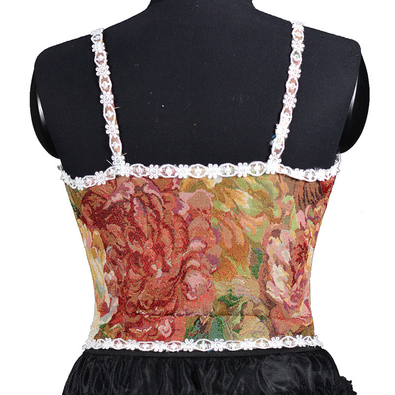 Retro Style Jacquard Boned Lace Up Vest