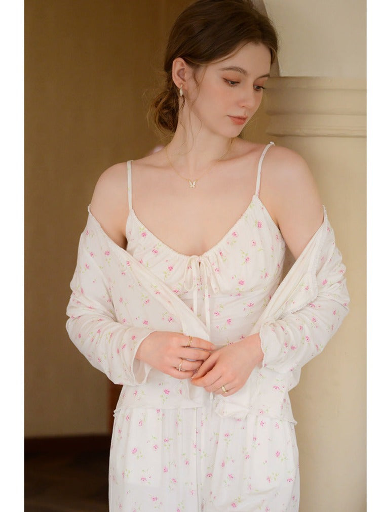 Floral Print 3pcs Set Built In Bra Loungewear