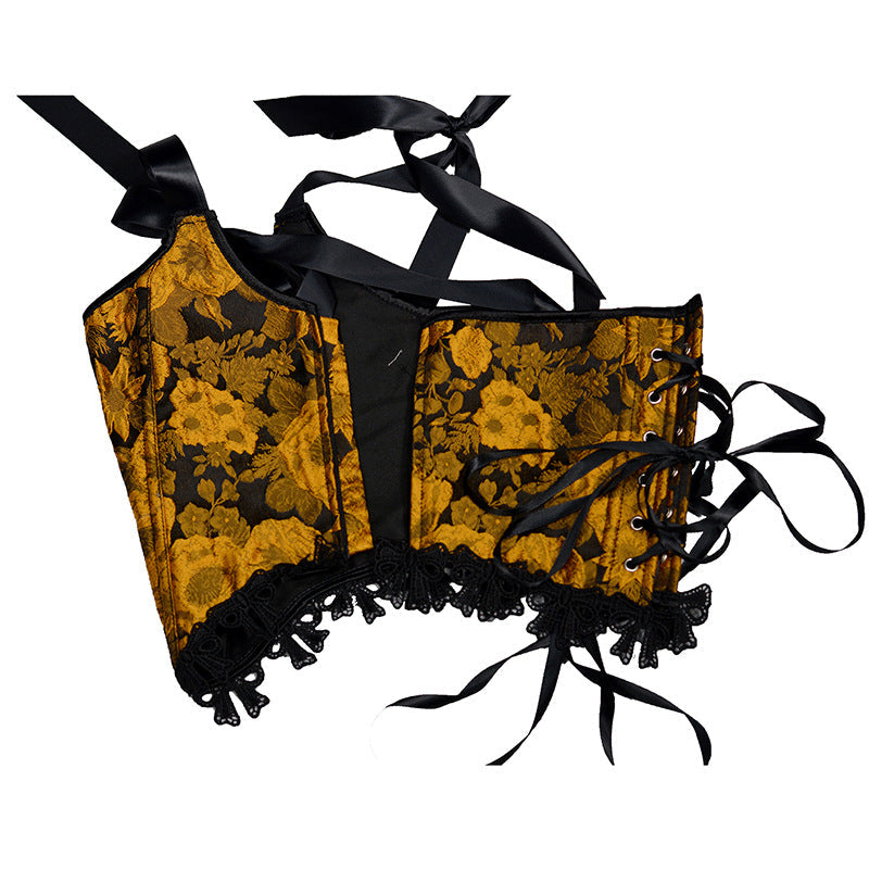 Retro Painting Jacquard Boned Lace Up Corset