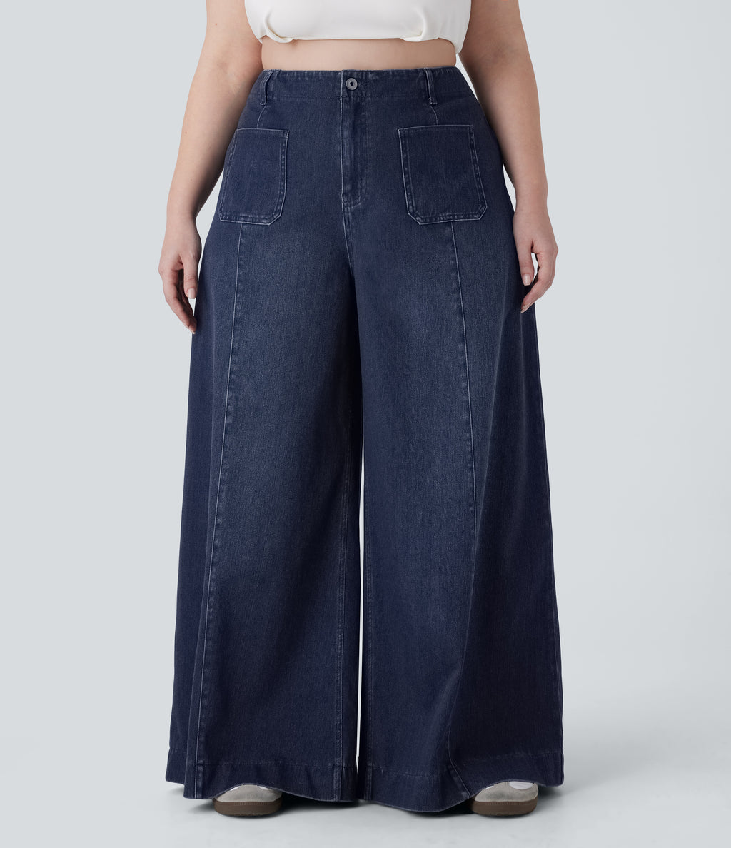 FlexTM High Waisted Pockets Washed Casual Wide Leg Plus Size Jeans