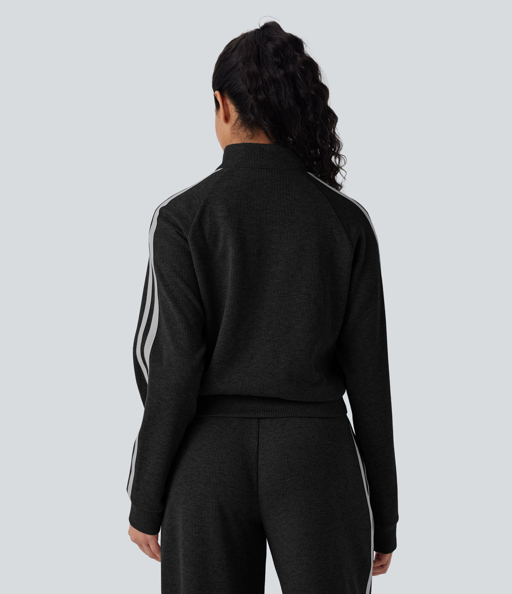Ribbed Stand Collar Long Sleeve Zipper Color Block Casual Jacket with Pockets