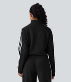 Ribbed Stand Collar Long Sleeve Zipper Color Block Casual Jacket with Pockets
