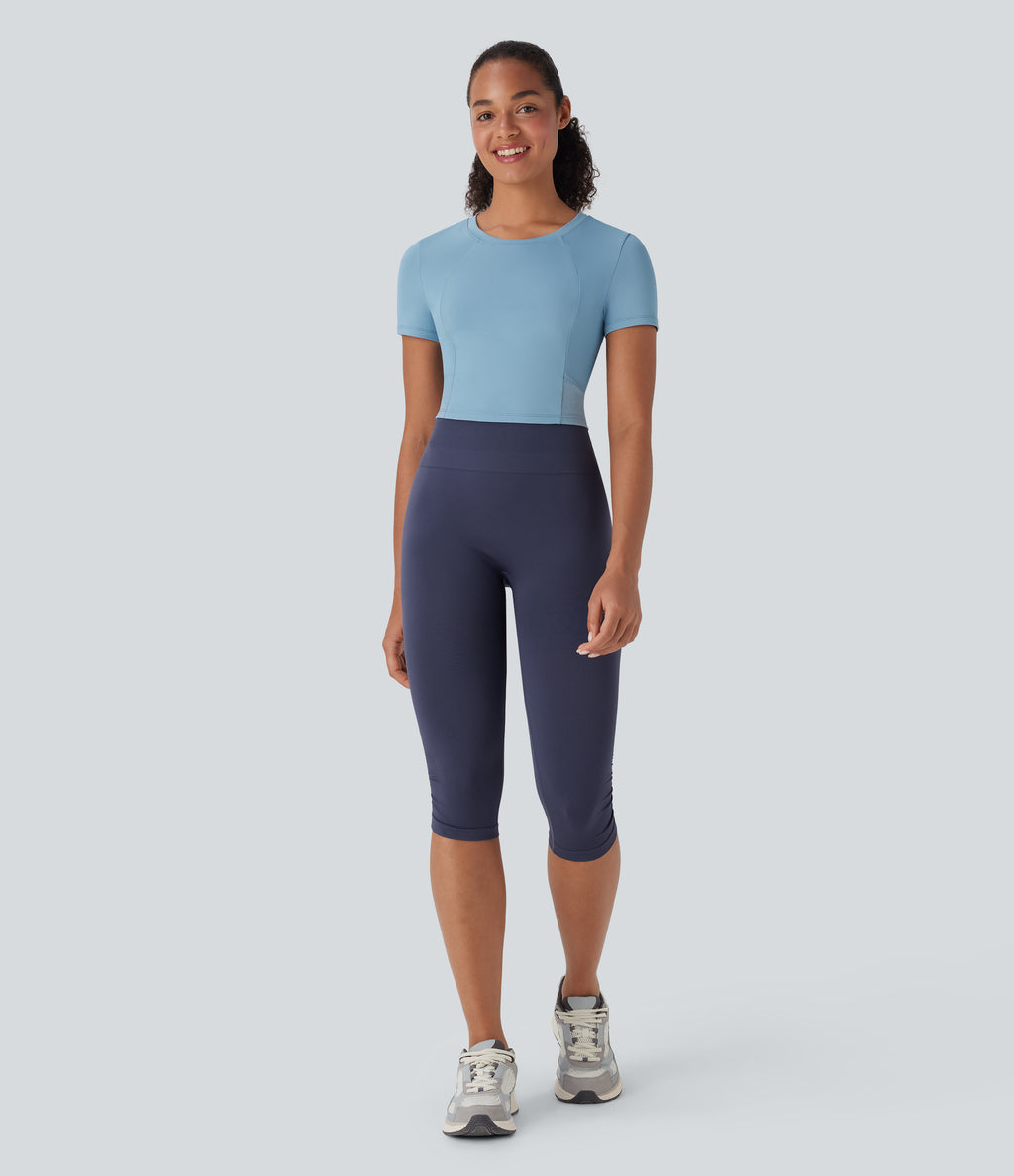 Round Neck Short Sleeve Contrast Mesh Cropped Yoga Sports Top