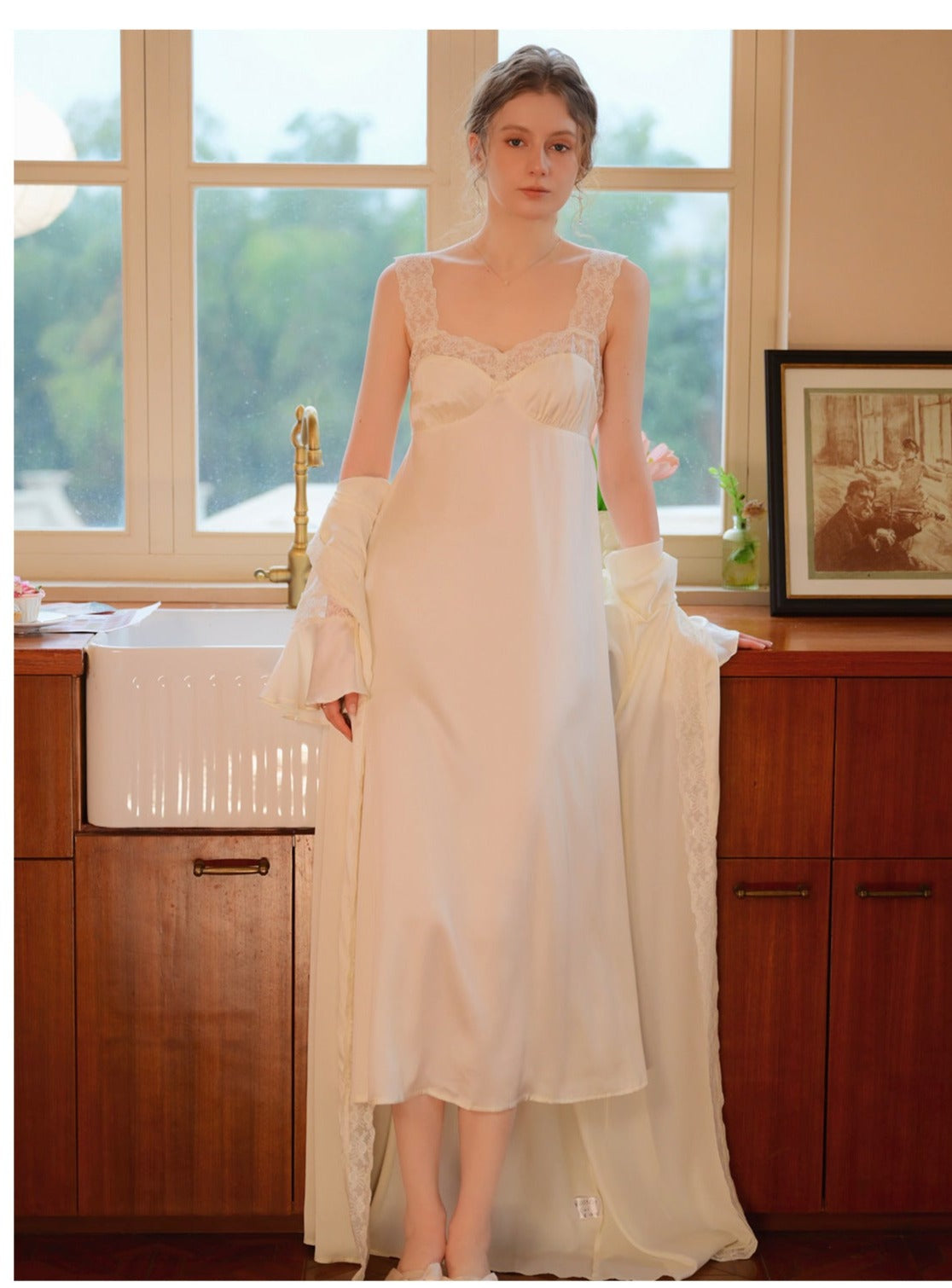 Lace Satin Built In Bra Nightgown 2pcs Set