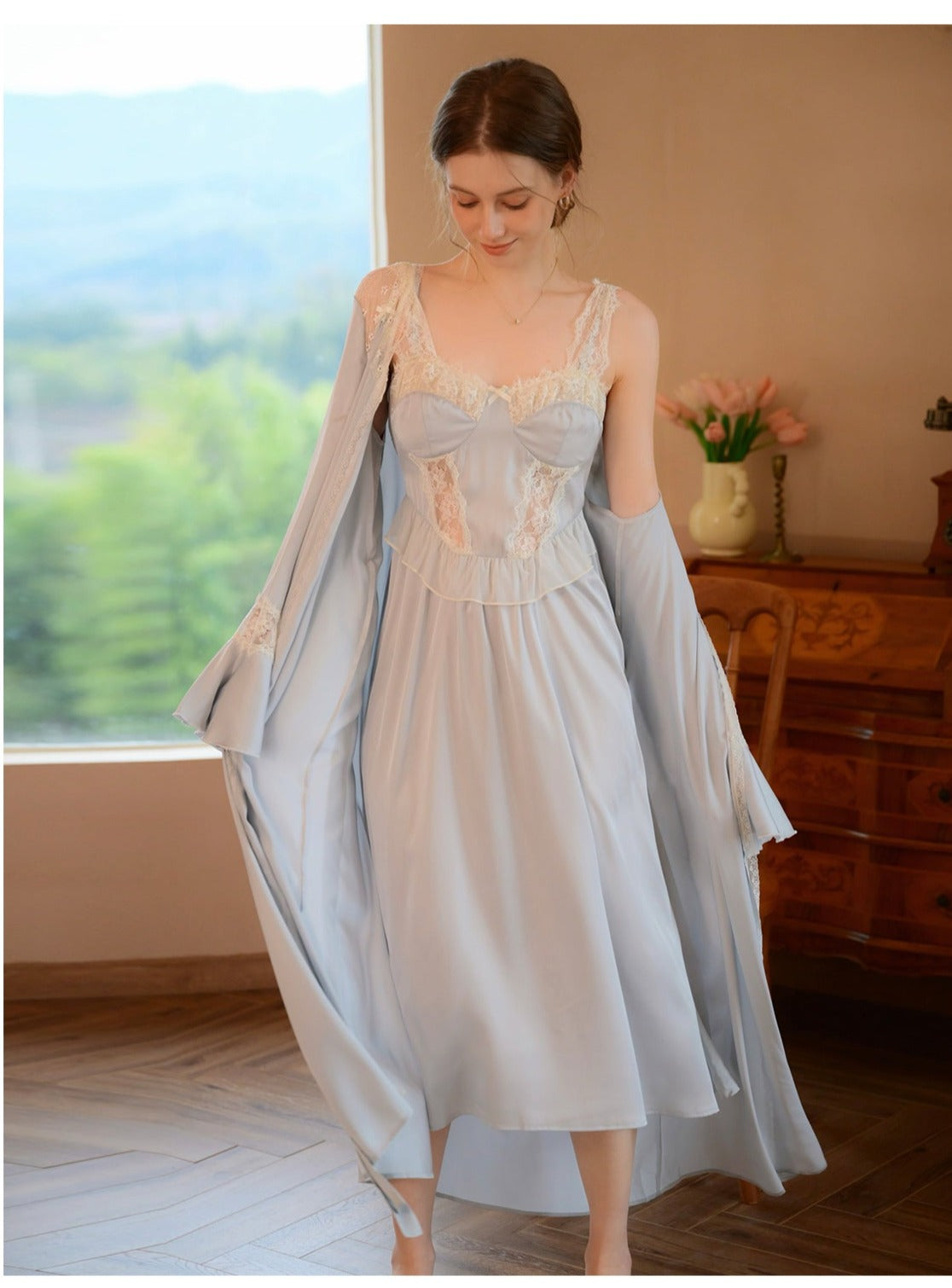 Lace Built In Bra Nightgown 2pcs Set