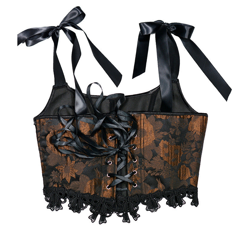 Retro Painting Jacquard Boned Lace Up Corset