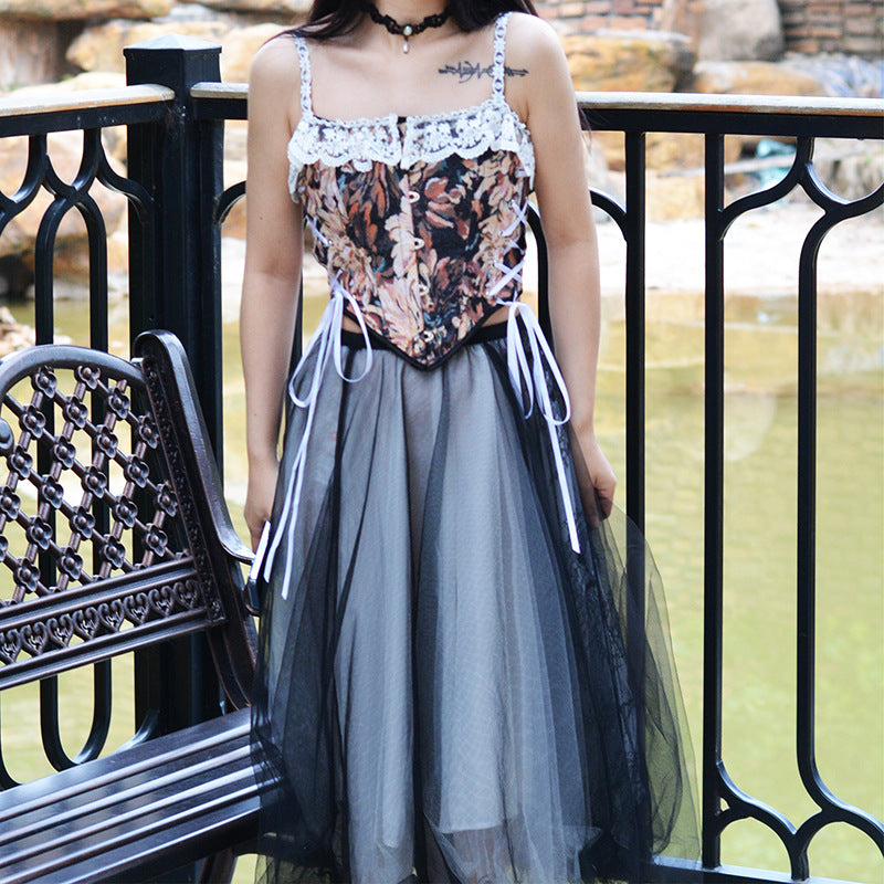 Lace Trim Lace Up Jacquaed Bustier