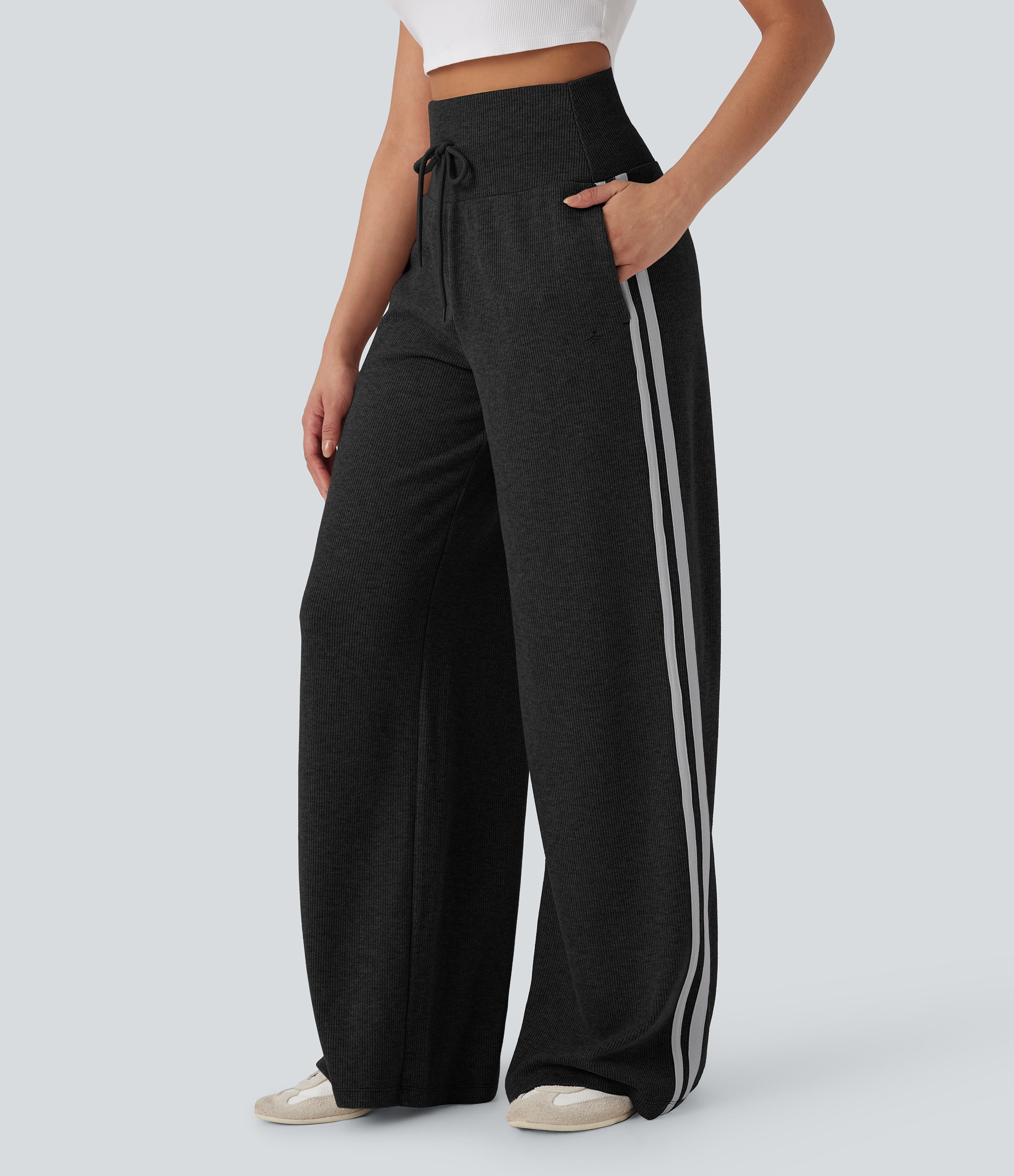 Ribbed SoCinched High Waisted Tummy Control Drawstring Wide Leg Color Block Casual Pants with Pockets