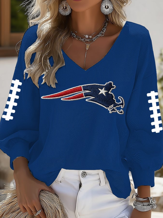 Women's Football Print V-neck Waffle Knit T-shirt