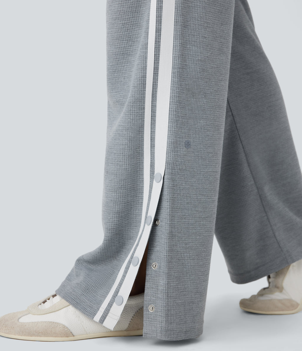 Low Rise Drawstring Color Block Snap Waffle Casual Wide Leg Pants with Pockets