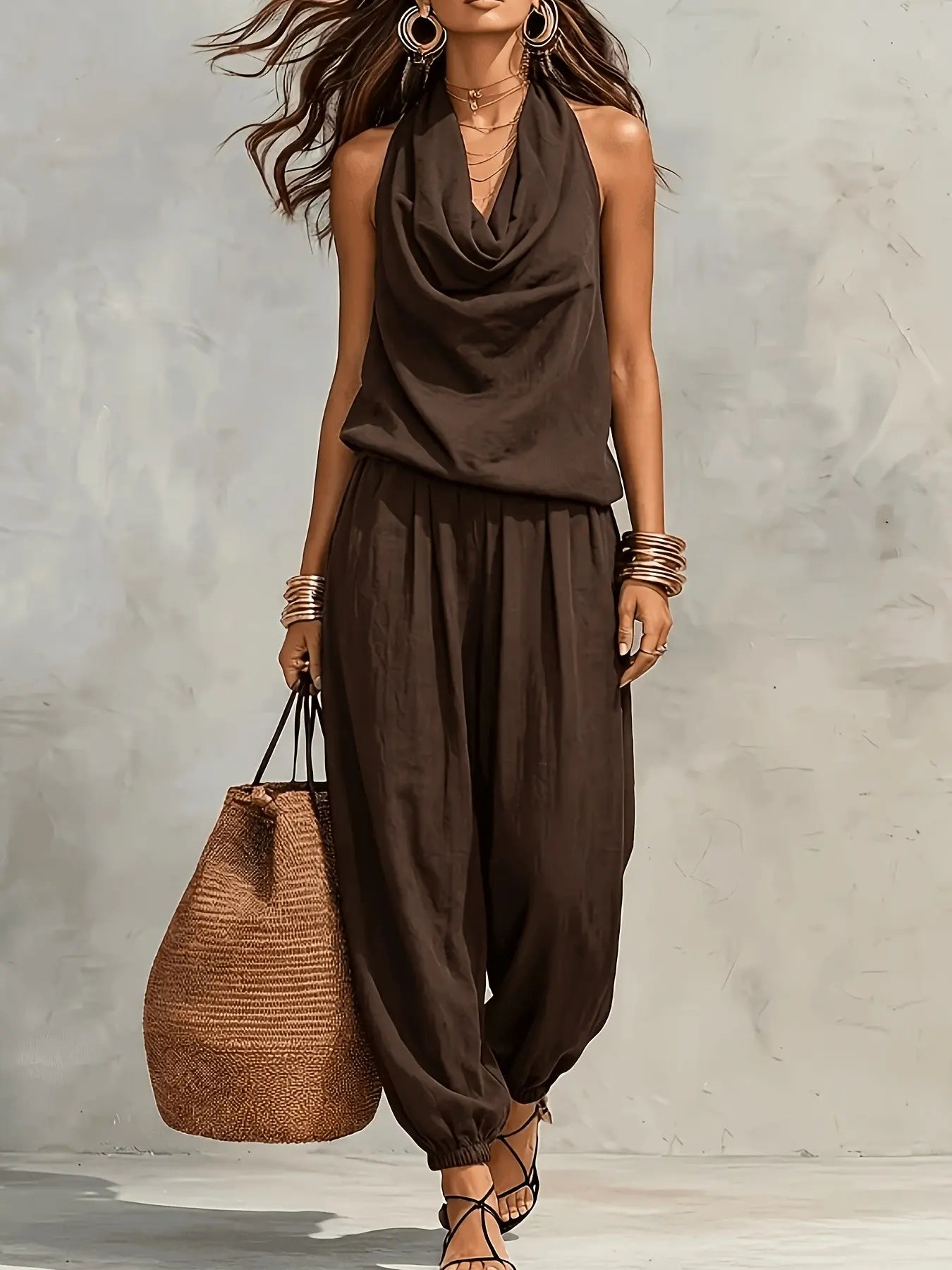 Women's Halter Neck High-Waisted Wide-Leg Pants Set, Loose Sleeveless Breathable Two-Piece, Casual Summer Fashion