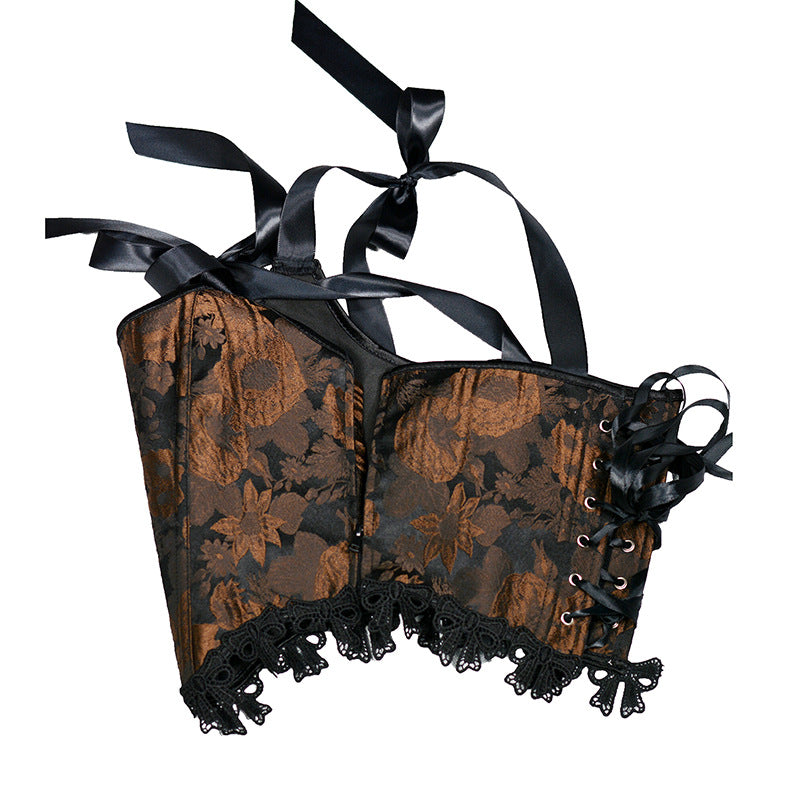 Retro Painting Jacquard Boned Lace Up Corset