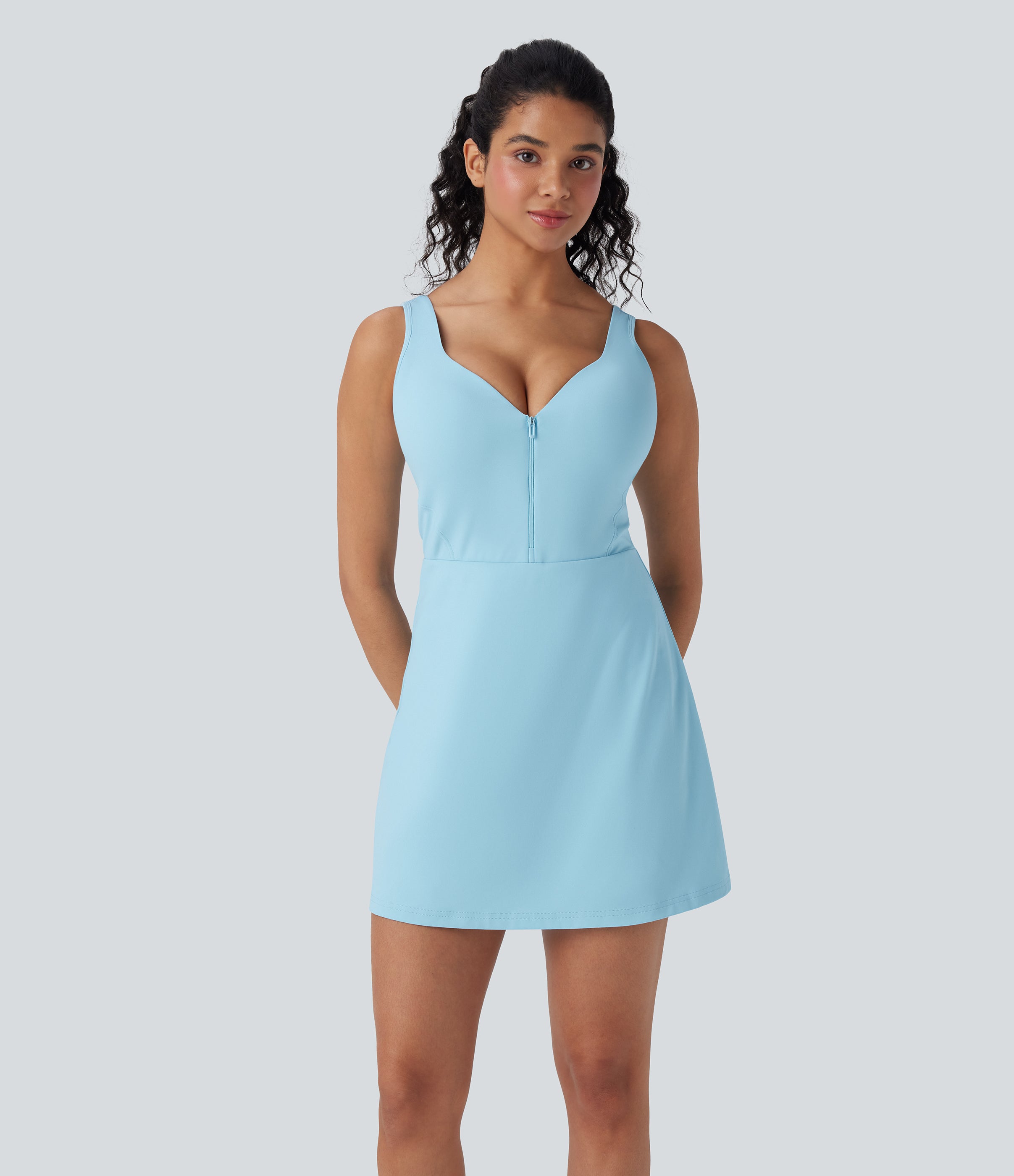 SoftlyZeroTM Plush Push-Up Molded Cups Zipper 2-in-1 Yoga Active Dress with Pockets-Easy Peezy-D/DD/DDD/F