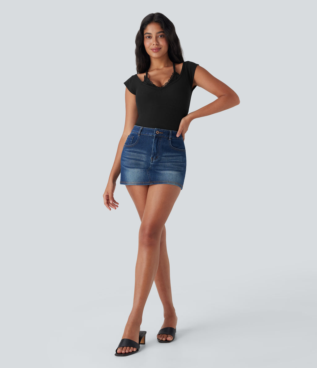 High Stretch Ribbed Knit Lace Halter Cap Sleeve Top