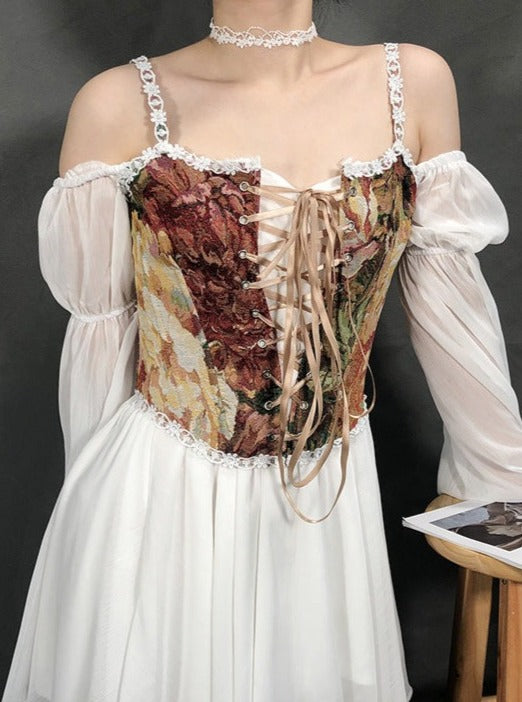 Retro Style Jacquard Boned Lace Up Vest