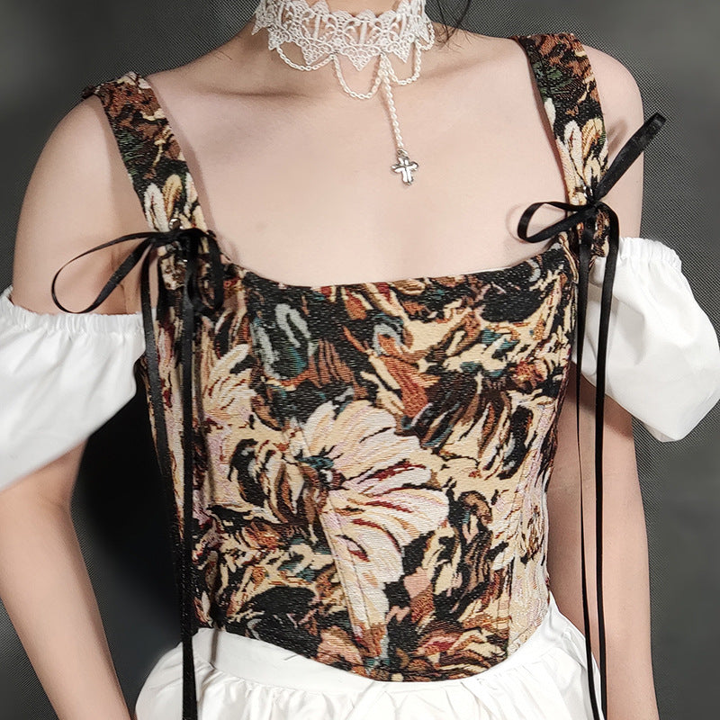 Vintage Jacquard Lace Up Corset Bustier