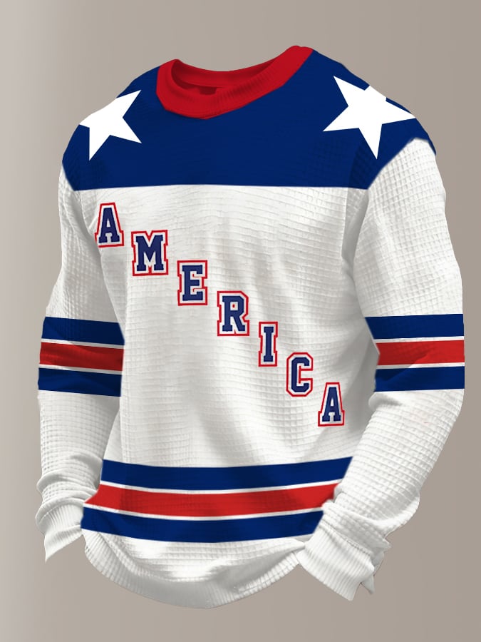Men's Retro USA Ice Hockey Print Casual Long-Sleeved Top